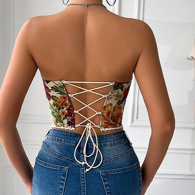 Women Floral Strapless Corset Lace Trim Back Lace-Up Top