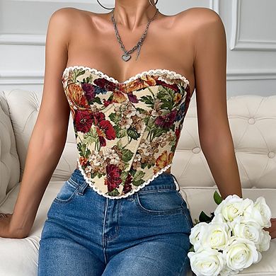 Women Floral Strapless Corset Lace Trim Back Lace-Up Top
