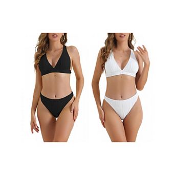 2 Sets Women's V Neck Crisscross Bikini Sets, 2 pc Back Drawstring Triangle Bottoms Swimwear Suit