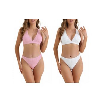 2 Sets Women's V Neck Crisscross Bikini Sets, 2 pc Back Drawstring Triangle Bottoms Swimwear Suit