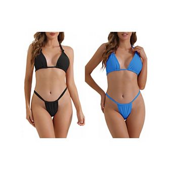 2 Sets Women's Push Up Halter Bikini Set, 2 pc Double Tie Back Triangle Bottoms Swimwear Bathing Suit