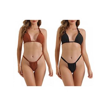 2 Sets Women's Push Up Halter Bikini Set, 2 pc Double Tie Back Triangle Bottoms Swimwear Bathing Suit