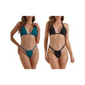 2 Sets Women's Push Up Halter Bikini Set, 2 pc Double Tie Back Triangle Bottoms Swimwear Bathing Suit