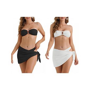 2 Sets Women's Ribbed O Ring Bandeau Bikini Set, 3 pc Back Buckle Triangle Thong Bottom Swimwear Suit
