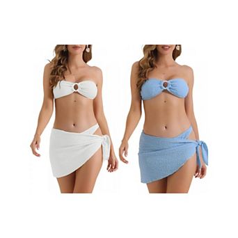 2 Sets Women's Ribbed O Ring Bandeau Bikini Set, 3 pc Back Buckle Triangle Thong Bottom Swimwear Suit