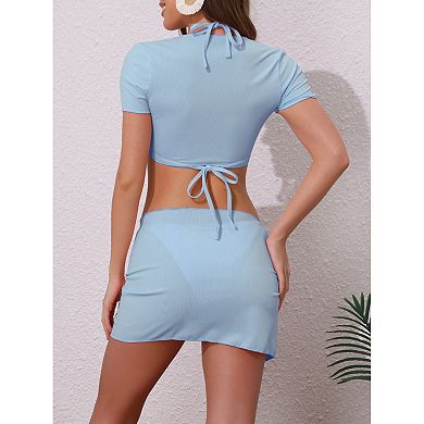 2 Sets Women's Tie Knot Halter Ribbed Bikini Sets, 4Pcs Short Sleeve Cover Up Set Triangle Bottom