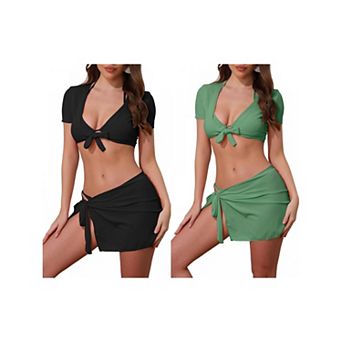 2 Sets Women's Tie Knot Halter Ribbed Bikini Sets, 4 pc Short Sleeve Cover Up Set Triangle Bottom