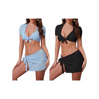 2 Sets Women's Tie Knot Halter Ribbed Bikini Sets, 4 pc Short Sleeve Cover Up Set Triangle Bottom