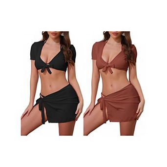 2 Sets Women's Tie Knot Halter Ribbed Bikini Sets, 4 pc Short Sleeve Cover Up Set Triangle Bottom