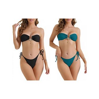2 Sets Women's Metal Ring Bandeau Bikini Sets, 2 pc Tie Side Bathing Suit High Cut Swimsuit Swimwear