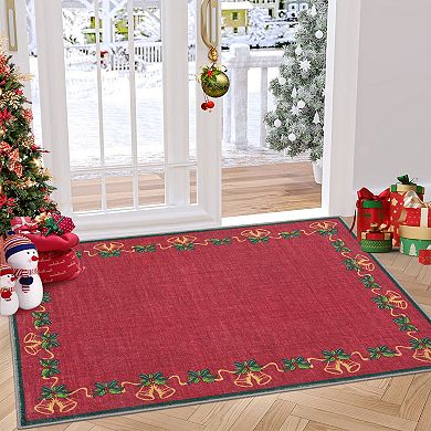 Christmas Area Rugs, Bells Holly Berry Ribbon Garland Traditions Carpet Runner Rugs Holiday Decor