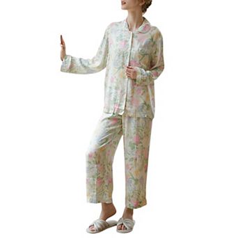 Women's Satin Floral Print Pajama Set with Long Sleeve Button Shirt and Matching Relaxed Fit Pants