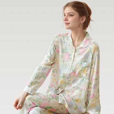 Women's Satin Floral Print Pajama Set with Long Sleeve Button Shirt and Matching Relaxed Fit Pants