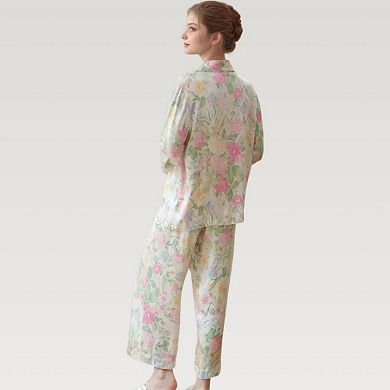 Women's Satin Floral Print Pajama Set with Long Sleeve Button Shirt and Matching Relaxed Fit Pants