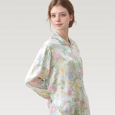 Women's Satin Floral Print Pajama Set with Long Sleeve Button Shirt and Matching Relaxed Fit Pants
