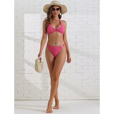 2 Sets Women's Ribbed Textured Halter Bikini Set, 2Pc Cute Heart Ring Triangle Bottoms Swimwear Suit