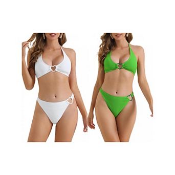2 Sets Women's Ribbed Textured Halter Bikini Set, 2 pc Cute Heart Ring Triangle Bottoms Swimwear Suit