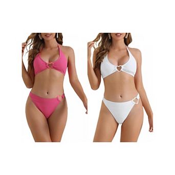 2 Sets Women's Ribbed Textured Halter Bikini Set, 2 pc Cute Heart Ring Triangle Bottoms Swimwear Suit