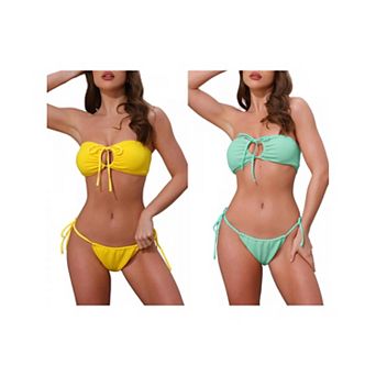 2 Sets Women's O Ring Ruched Bandeau Bikini Sets, 2 pc Tie Front Top Triangle Bottom Swimsuit Sets