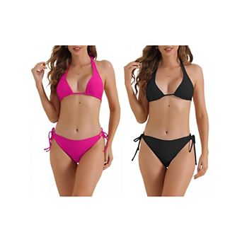 2 Sets Women's Triangle Halter Bikini Sets, 2 pc Swimsuit Triangle Bottoms Swimwear Suit