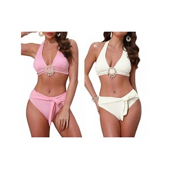2 Sets Women's O Ring Seashell Pendants Ribbed Bikini Sets, 2 pc Halter Top Triangle Bottoms Swimwear