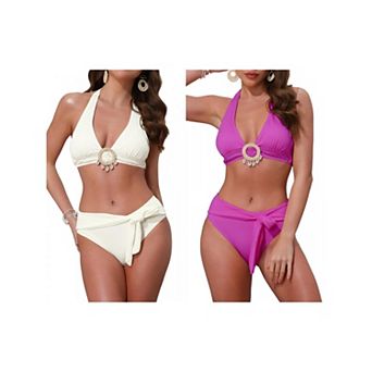 2 Sets Women's O Ring Seashell Pendants Ribbed Bikini Sets, 2 pc Halter Top Triangle Bottoms Swimwear