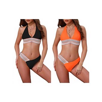 2 Sets Women's Color Block Wavy Stripes Bikini Sets, 2 pc Halter Top V Shaped Bottom Swimwear Suits