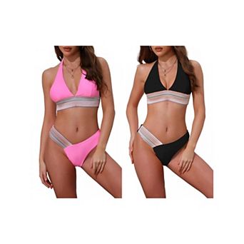 2 Sets Women's Color Block Wavy Stripes Bikini Sets, 2 pc Halter Top V Shaped Bottom Swimwear Suits