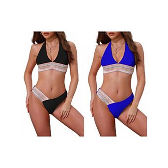 2 Sets Women's Color Block Wavy Stripes Bikini Sets, 2 pc Halter Top V Shaped Bottom Swimwear Suits