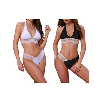 2 Sets Women's Color Block Wavy Stripes Bikini Sets, 2 pc Halter Top V Shaped Bottom Swimwear Suits