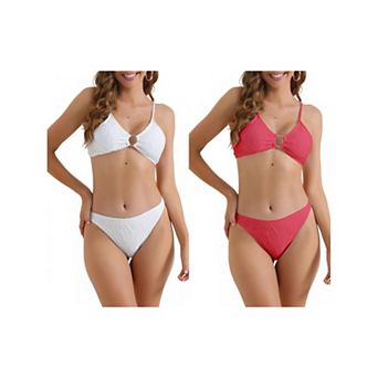 2 Sets Women's O Ring Ribbed Bikini Sets, 2 pc High Waist Adjustable Spaghetti Straps Swimsuit Suits