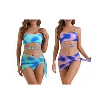 2 Sets Women's Adjustable Straps Strappy Bikini Swimsuit, 3 pc Triangle Bottoms with Mesh Skirt Suit