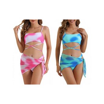 2 Sets Women's Adjustable Straps Strappy Bikini Swimsuit, 3 pc Triangle Bottoms with Mesh Skirt Suit