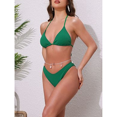 2 Sets Women's Waffle Knit Bikini Sets, 2Pcs Triangle Bottom with Seashell Waist Rope Swimwear Suits