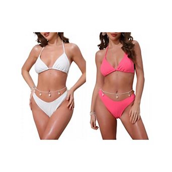 2 Sets Women's Waffle Knit Bikini Sets, 2 pc Triangle Bottom with Seashell Waist Rope Swimwear Suits