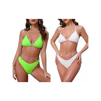 2 Sets Women's Waffle Knit Bikini Sets, 2 pc Triangle Bottom with Seashell Waist Rope Swimwear Suits