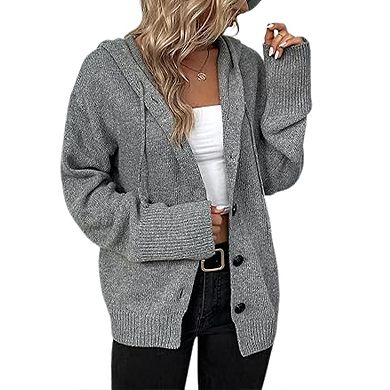 Women's Casual Hooded Cardigan Sweaters V Neck Button Down Long Sleeve Kint Cardigans Coat