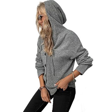 Women's Casual Hooded Cardigan Sweaters V Neck Button Down Long Sleeve Kint Cardigans Coat