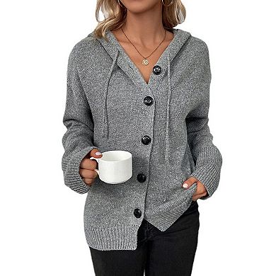 Women's Casual Hooded Cardigan Sweaters V Neck Button Down Long Sleeve Kint Cardigans Coat