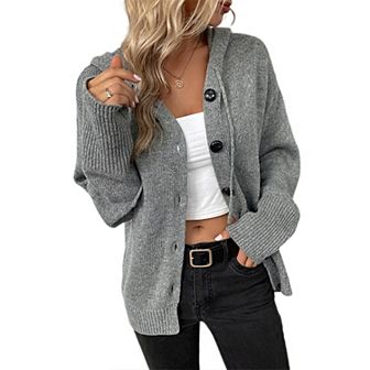 Women's Casual Hooded Cardigan Sweaters V Neck Button Down Long Sleeve Kint Cardigans Coat