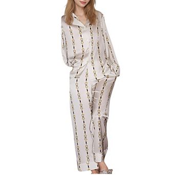 Women's Vertical Chain Print Pajama Set with Long Sleeve Button Down Top and Silky Relaxed Pants
