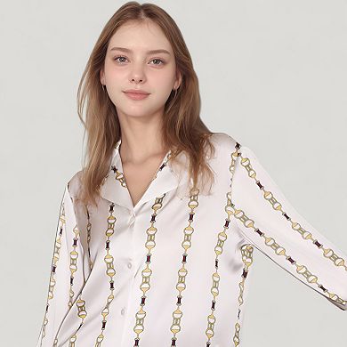 Women's Vertical Chain Print Pajama Set with Long Sleeve Button Down Top and Silky Relaxed Pants