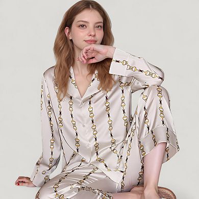 Women's Vertical Chain Print Pajama Set with Long Sleeve Button Down Top and Silky Relaxed Pants