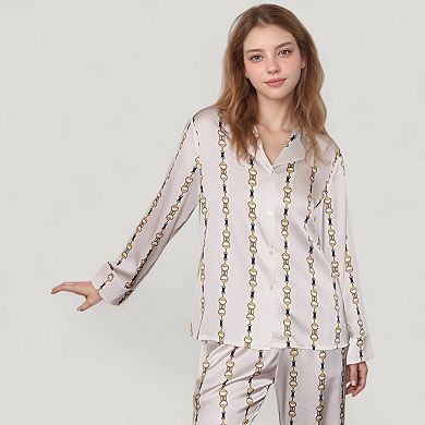 Women's Vertical Chain Print Pajama Set with Long Sleeve Button Down Top and Silky Relaxed Pants