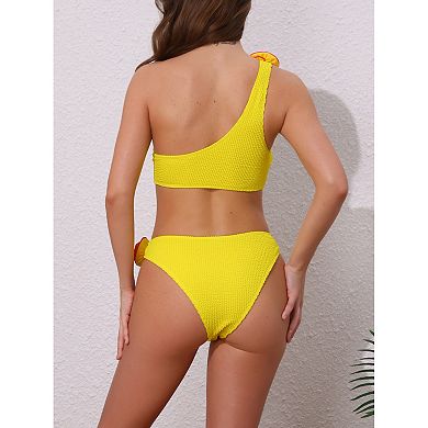 2 Sets Women's 3D Rose Floral One Shoulder Ribbed Bikini Sets, 2Pcs Asymmetric Swimwear Bathing Suit