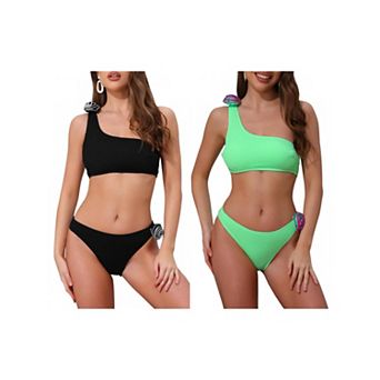 2 Sets Women's 3D Rose Floral One Shoulder Ribbed Bikini Sets, 2 pc Asymmetric Swimwear Bathing Suit