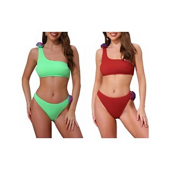 2 Sets Women's 3D Rose Floral One Shoulder Ribbed Bikini Sets, 2 pc Asymmetric Swimwear Bathing Suit
