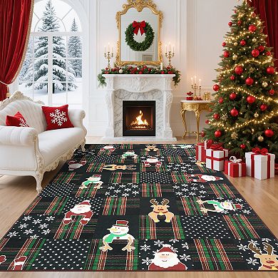 Modern Christmas Checkered Machine Washable Area Rug, Lightweight Low Pile Throw Rug Xmas Rug