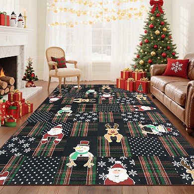 Modern Christmas Checkered Machine Washable Area Rug, Lightweight Low Pile Throw Rug Xmas Rug