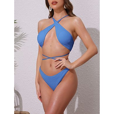 2 Sets Women's Criss Cross Ribbed Knit Bikini Sets, 2Pcs Strappy Top Triangle Bottom Swimsuits Sets